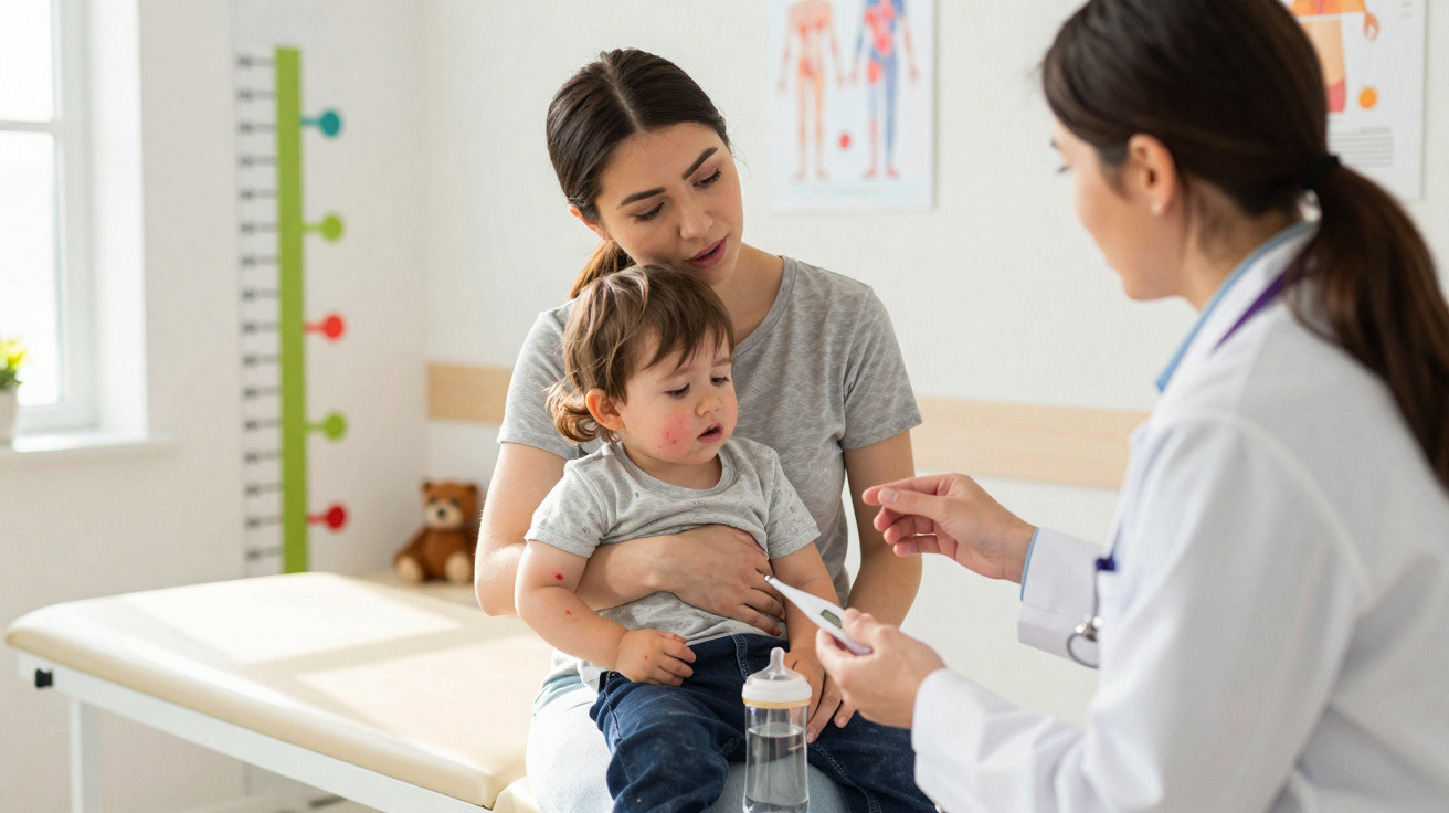 Médica examina bebê com sarampo no colo da mãe em consultório pediátrico iluminado.