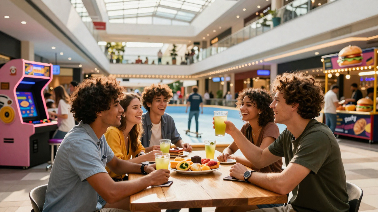 Grupo de jovens sorrindo e conversando em mesa de shopping com sucos e frutas à frente.