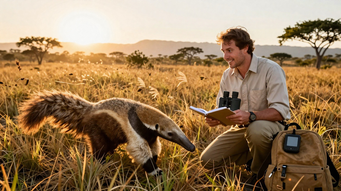 Homem observando tamanduá em savana ao pôr do sol com caderno, binóculos e mochila ao lado.