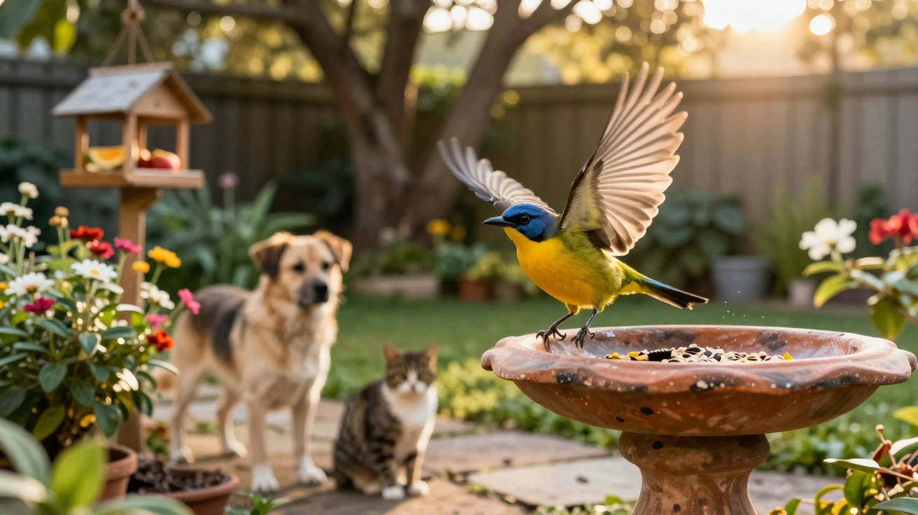 Pássaro colorido voando perto de comedouro no jardim com cachorro e gato ao fundo.