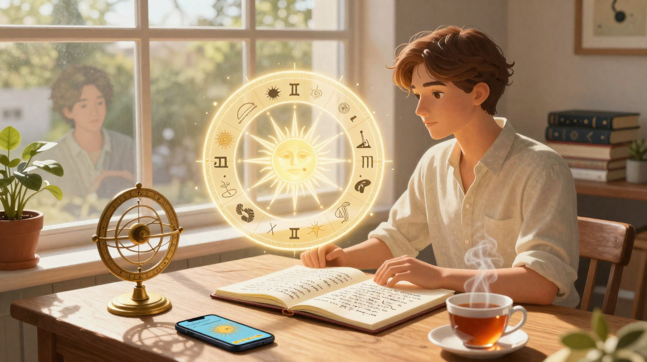 Jovem estudando signos do zodíaco com livro, astrolábio, celular e xícara de chá em mesa perto da janela.
