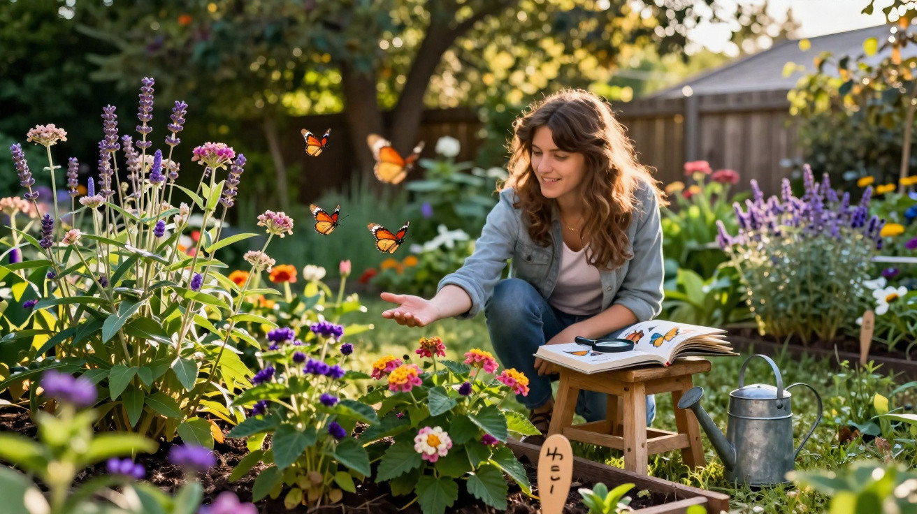 Mulher sorrindo no jardim interagindo com borboletas, cercada por flores coloridas ao entardecer.