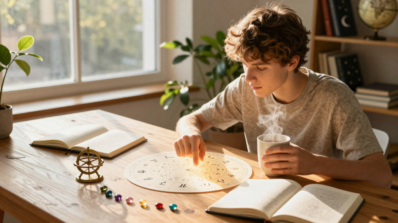 Jovem estudando astrologia com tabuleiro de signos, pedras coloridas e bebida quente em mesa iluminada.