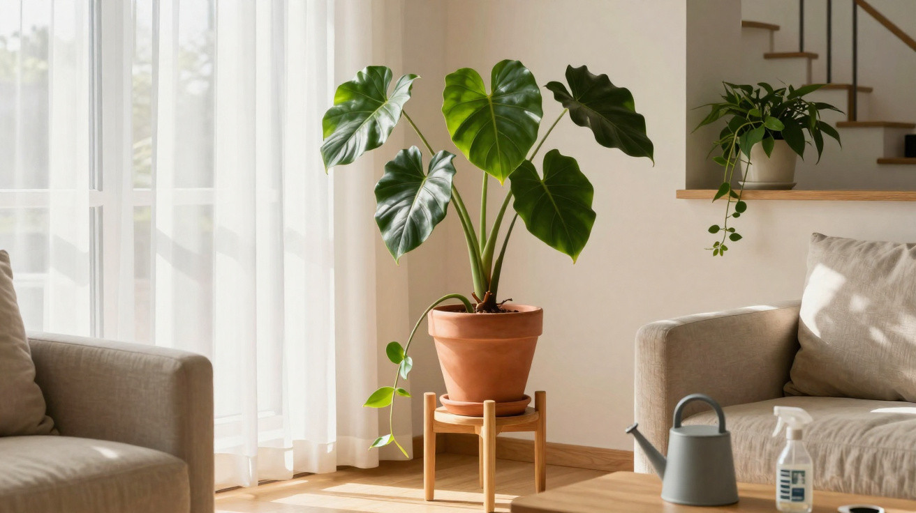 Planta em vaso de cerâmica sobre suporte de madeira em sala iluminada por luz natural ao lado de sofá bege.