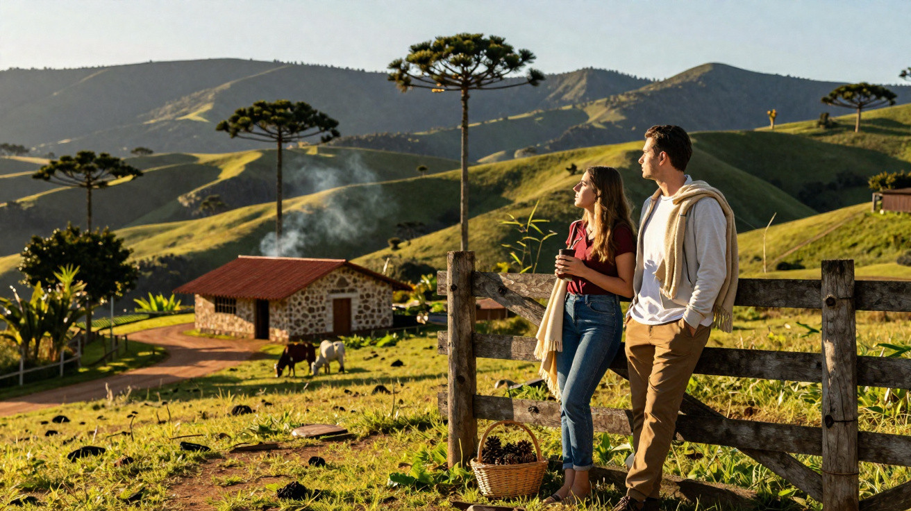 Casal observa paisagem rural com montanhas, árvores e casa de pedra ao fundo durante o dia.