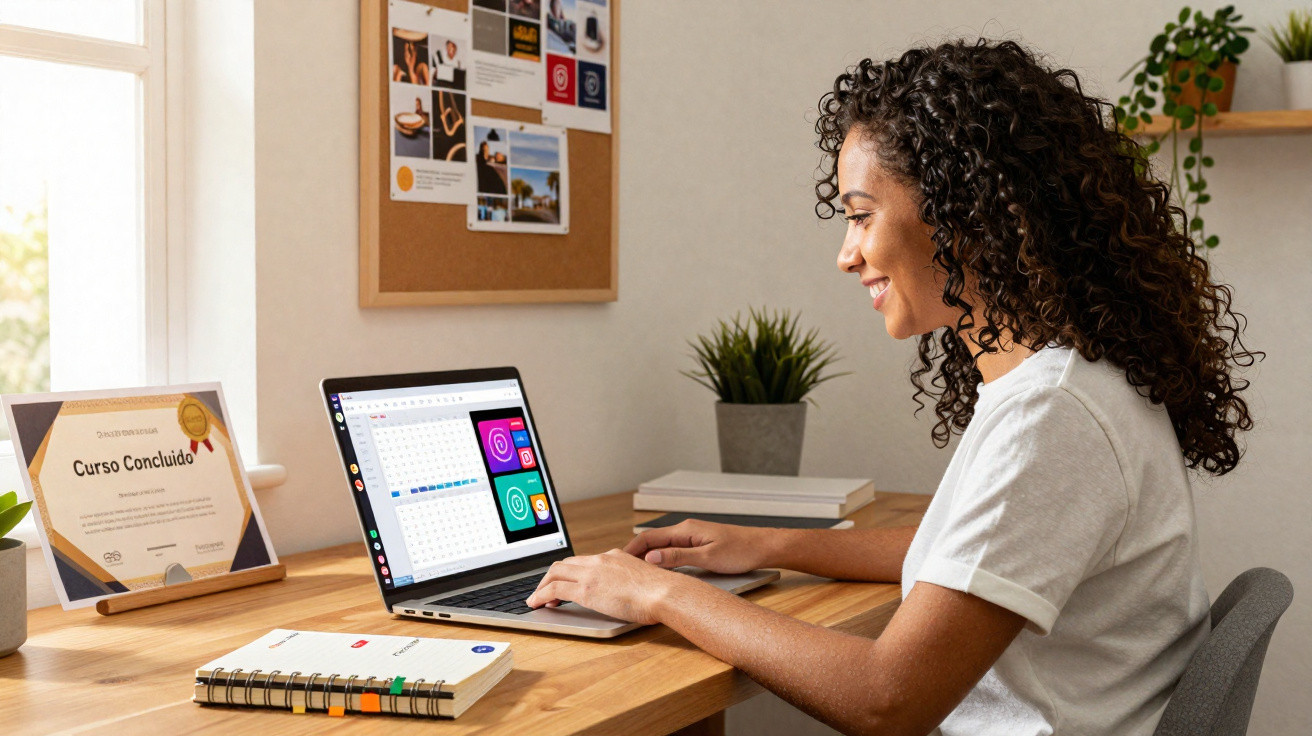 Mulher sorrindo trabalhando em notebook em mesa com certificado e caderno em ambiente claro e organizado.