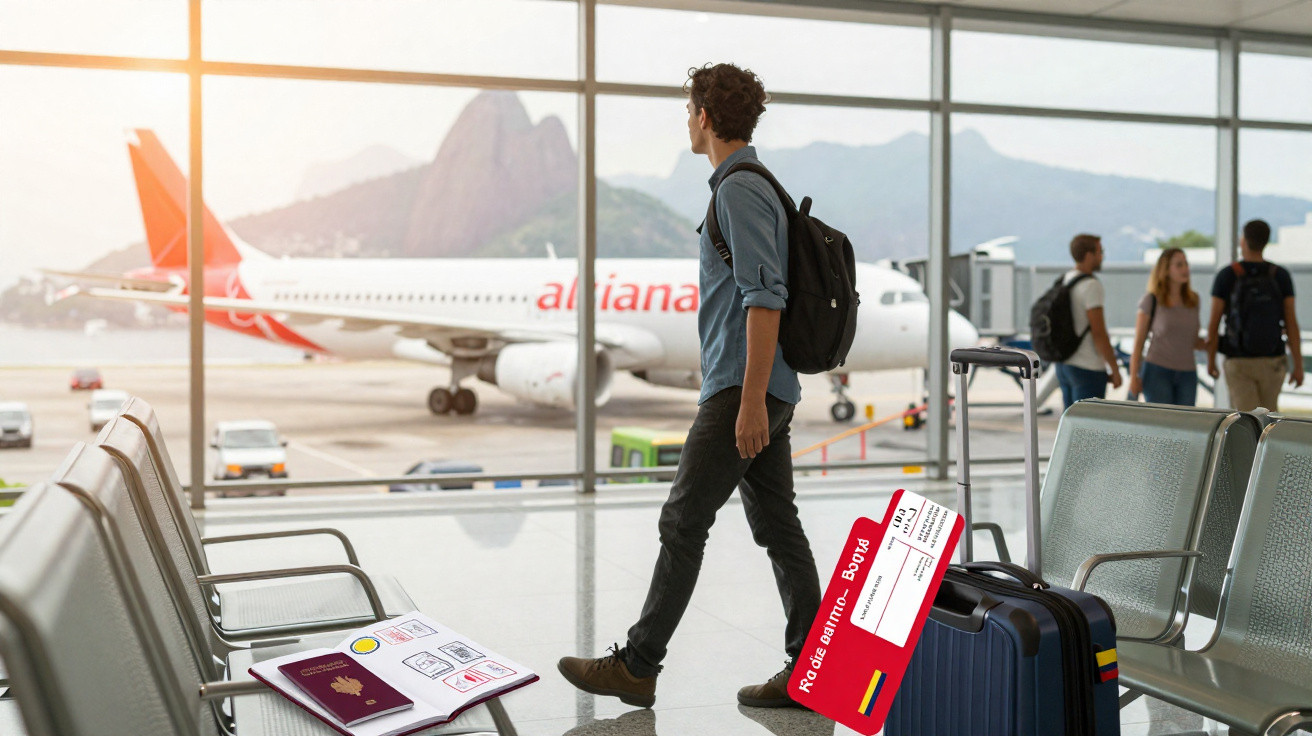 Homem jovem com mochila caminha no aeroporto próximo a avião e malas, com paisagem montanhosa ao fundo.