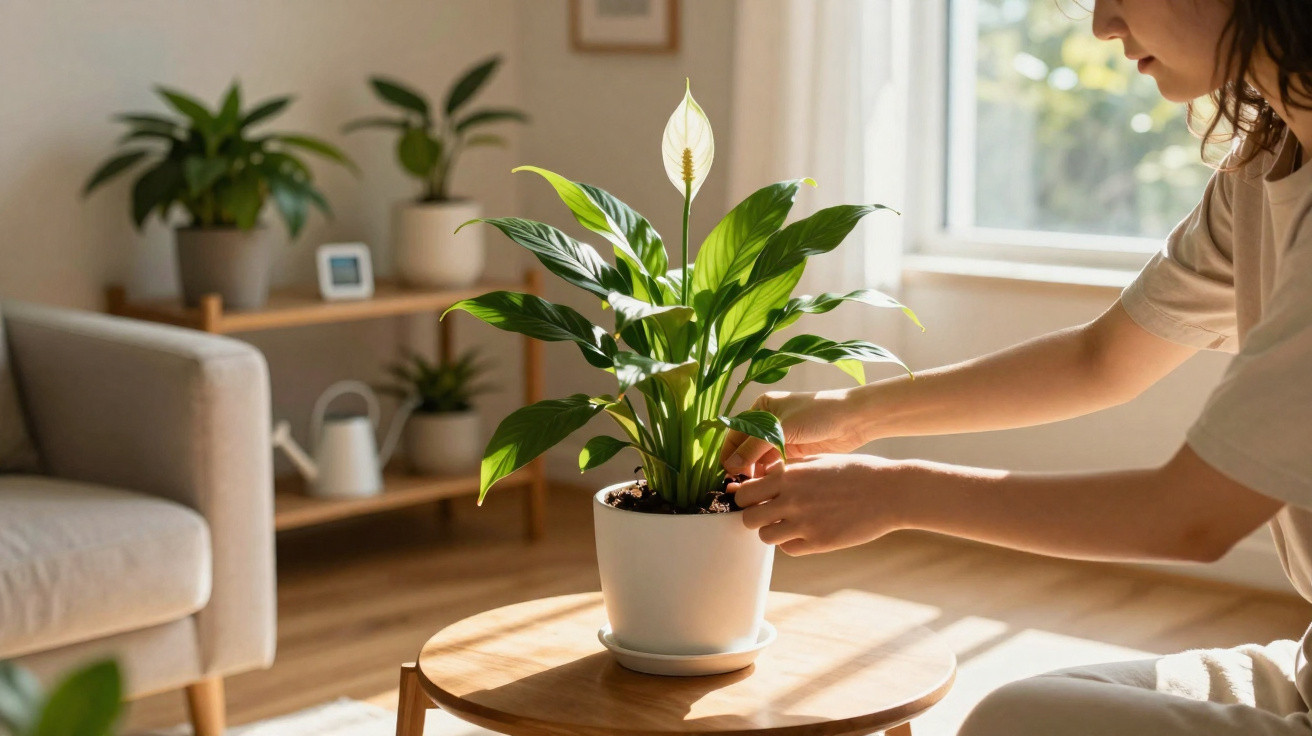 Pessoa cuidando de planta em vaso branco sobre mesa redonda em sala iluminada pelo sol.