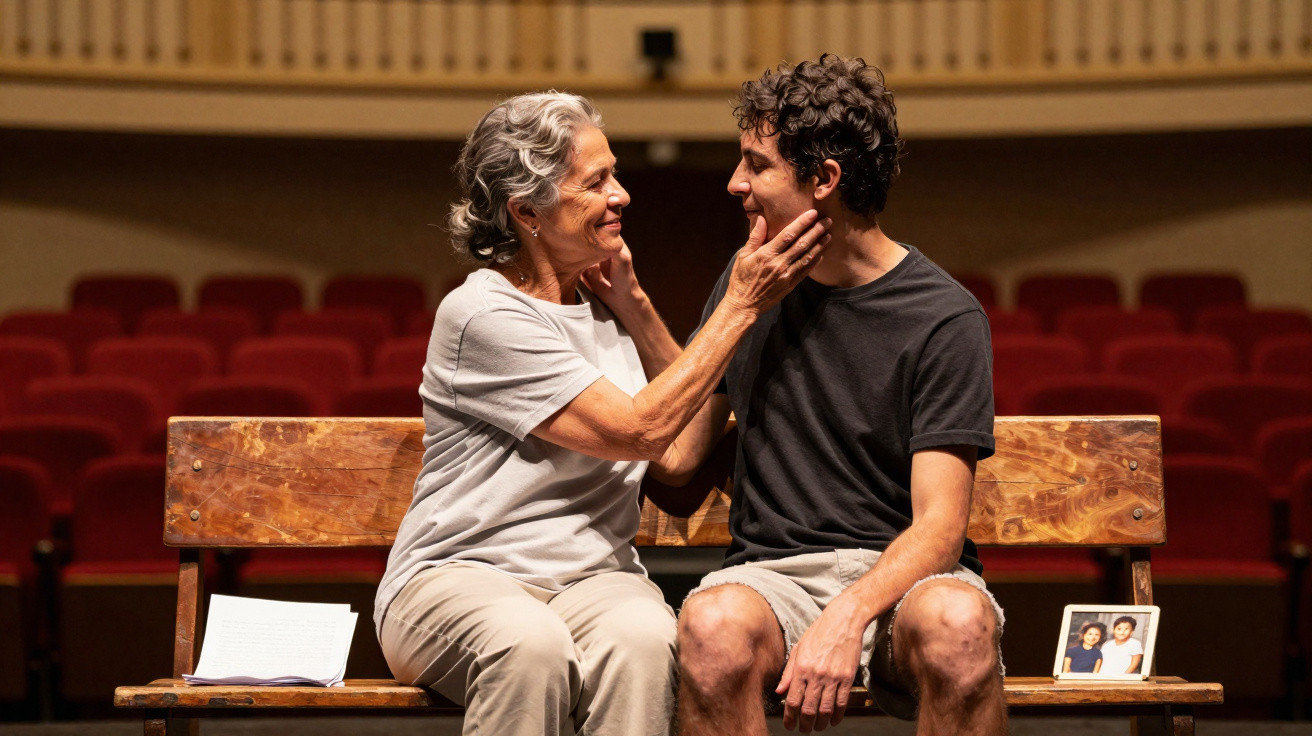 Mulher idosa e jovem sentados no banco de madeira em teatro vazio, trocando afeto e sorrisos.
