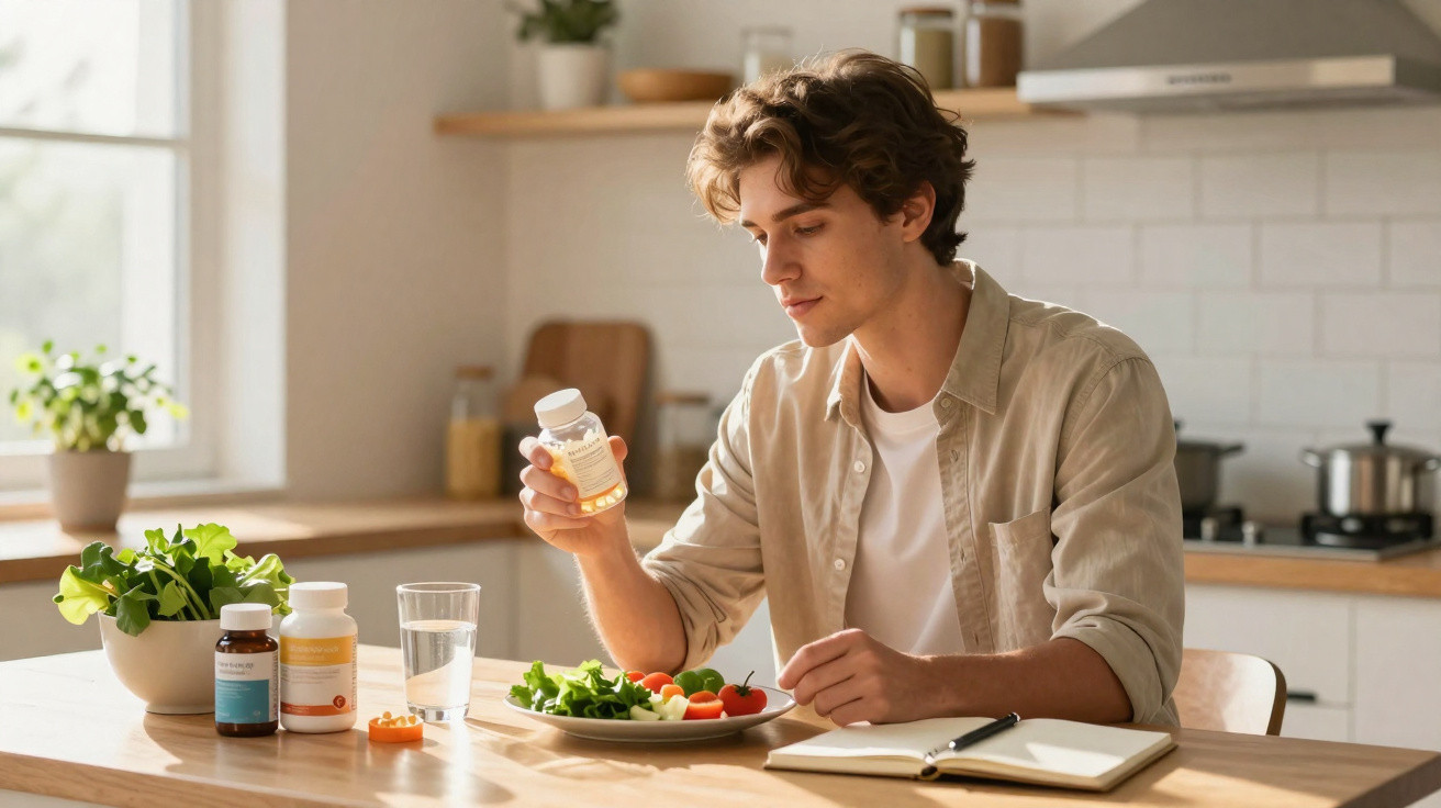 Homem jovem sentado à mesa lendo rótulo de suplemento com salada e copo d'água na cozinha iluminada.
