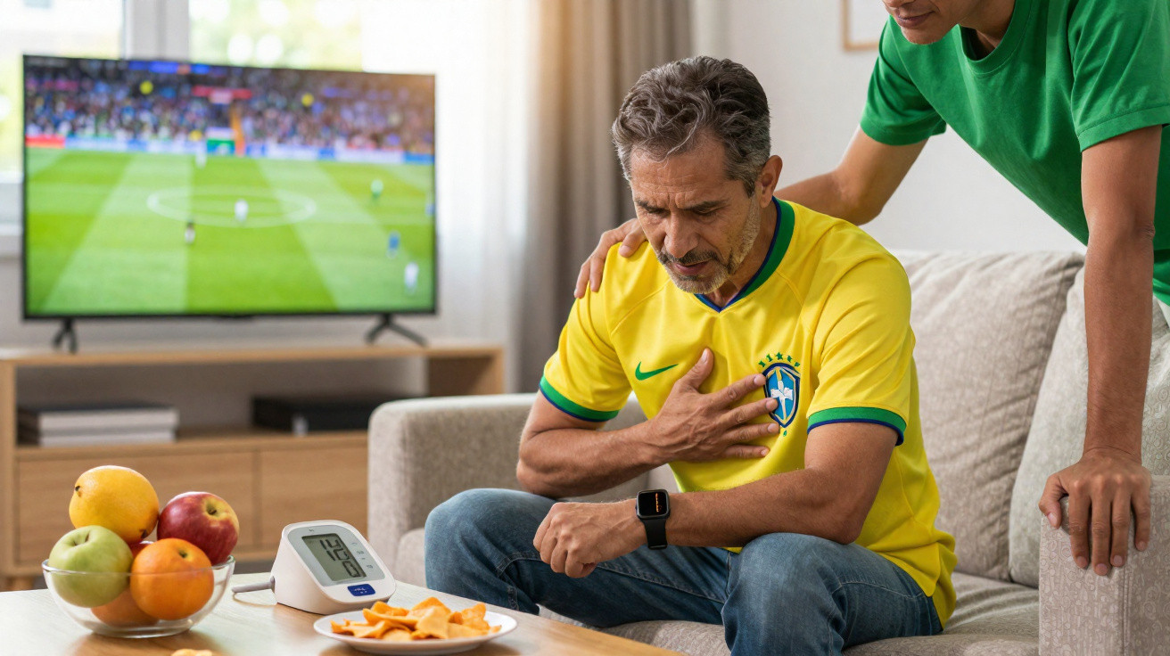 Homem com camisa do Brasil senta no sofá com dor no peito, enquanto outro o apoia, com jogo de futebol na TV.