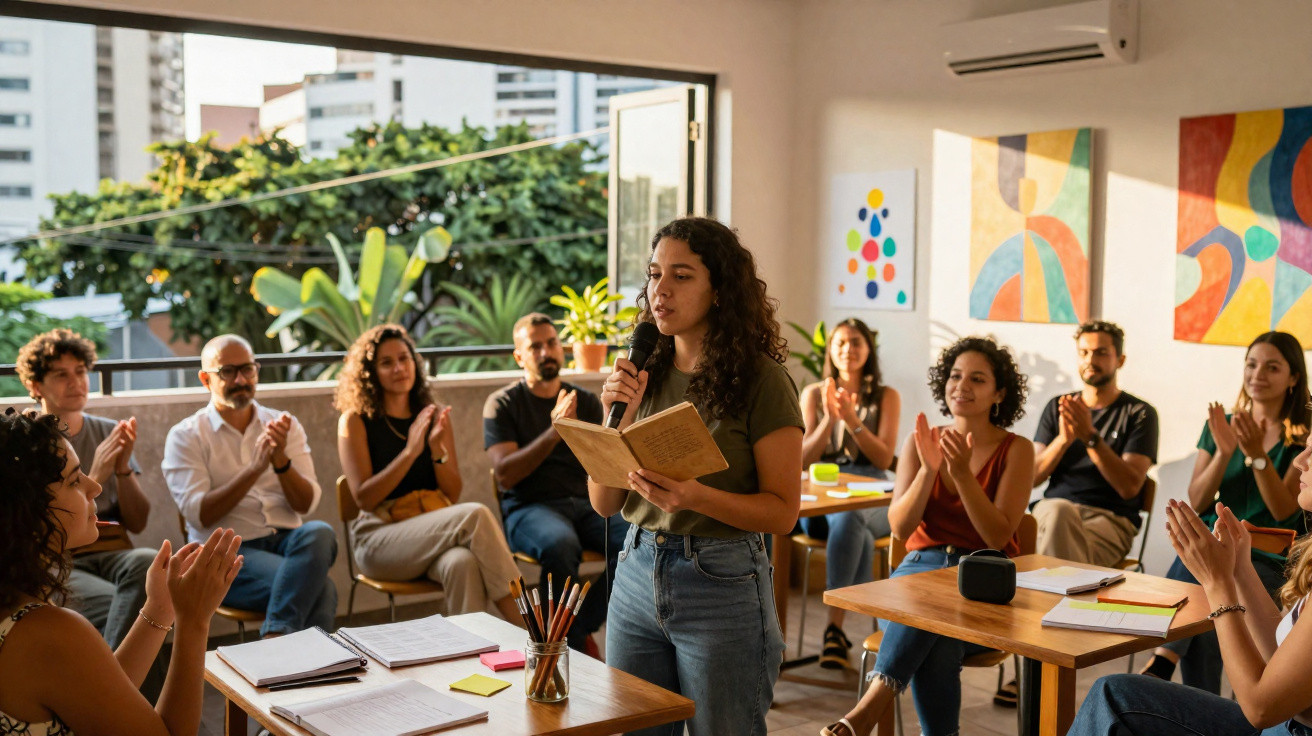 Mulher lendo em voz alta com microfone para grupo sentado em sala iluminada e decorada.