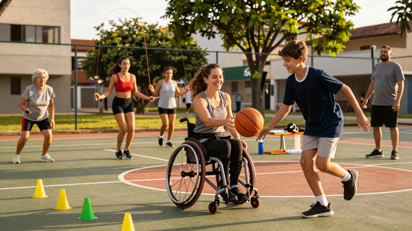 Grupo diversificado brincando e praticando esportes ao ar livre em quadra durante o dia.