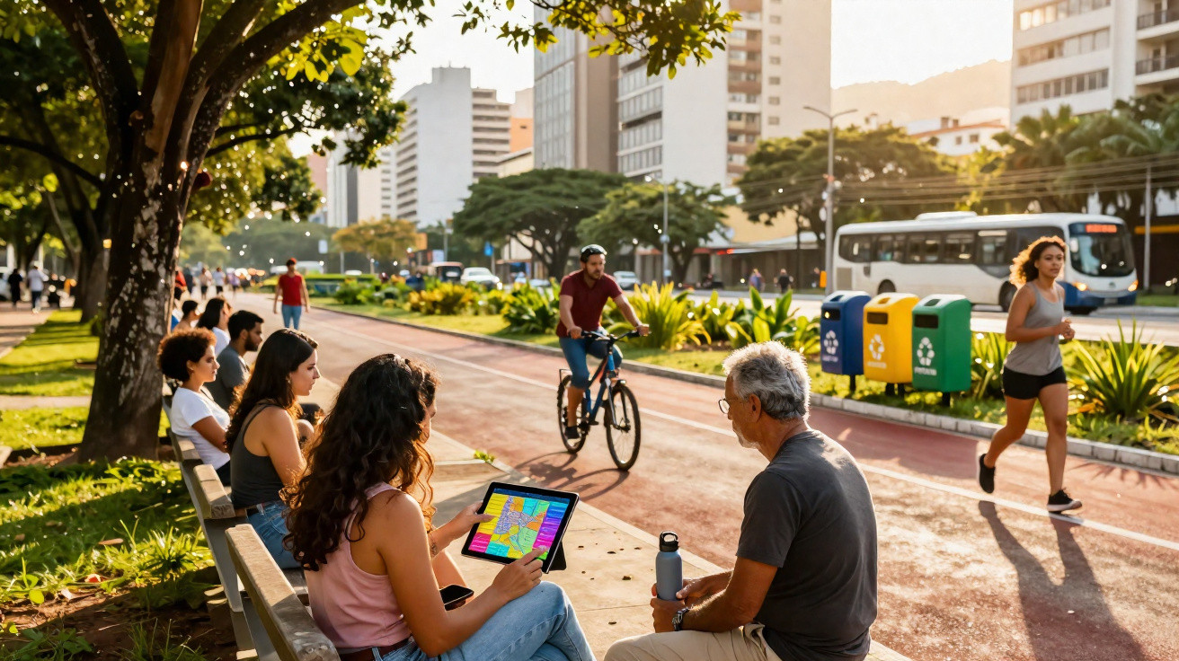 Pessoas sentadas em banco e praticando atividades físicas em parque urbano com árvores e prédios ao fundo.