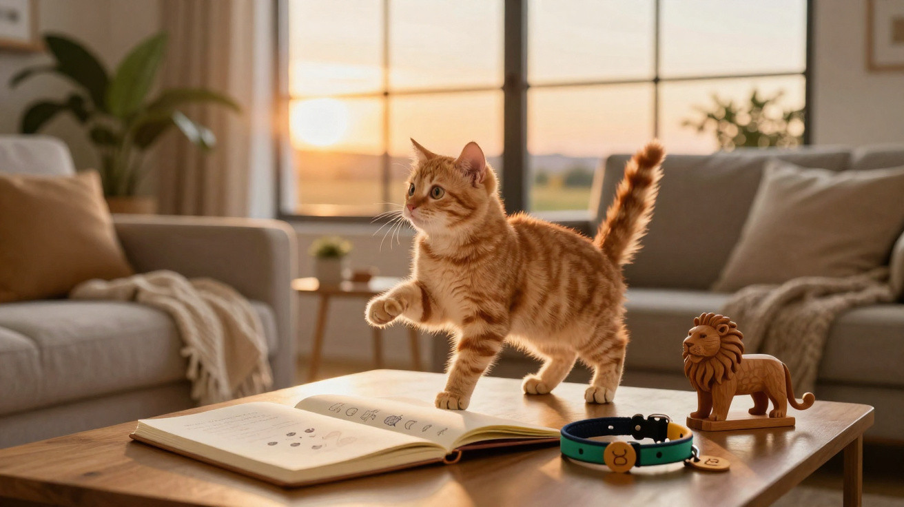 Gato laranja em cima de mesa de madeira com livro aberto, brinquedo de leão e pulseira, em sala iluminada pelo sol.