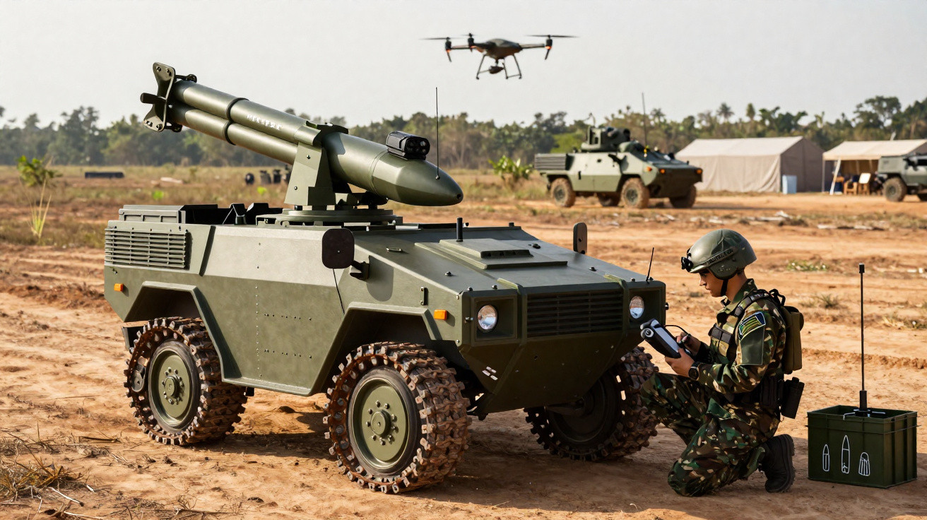 Soldado em uniforme camuflado operando veiculo militar não tripulado com drone sobrevoando campo de treinamento.