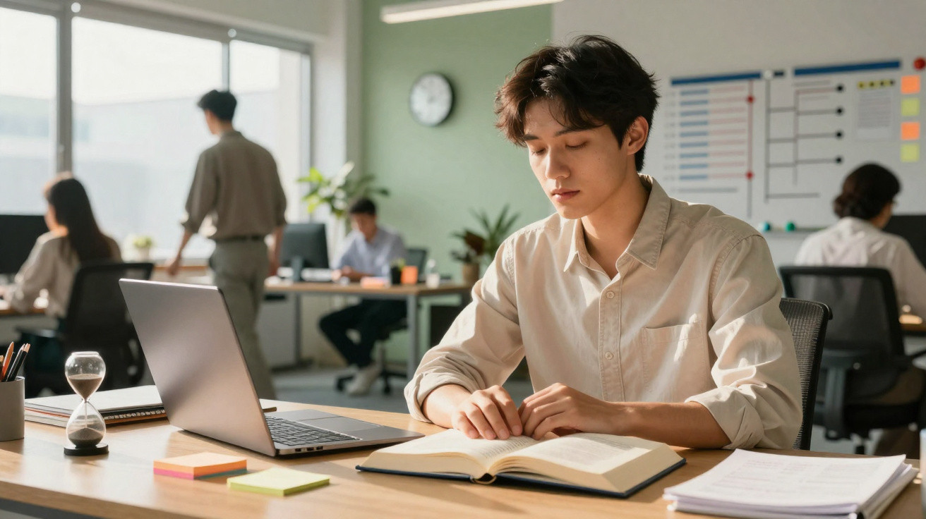 Jovem estudando livro aberto em mesa com laptop em escritório moderno e iluminado natural.