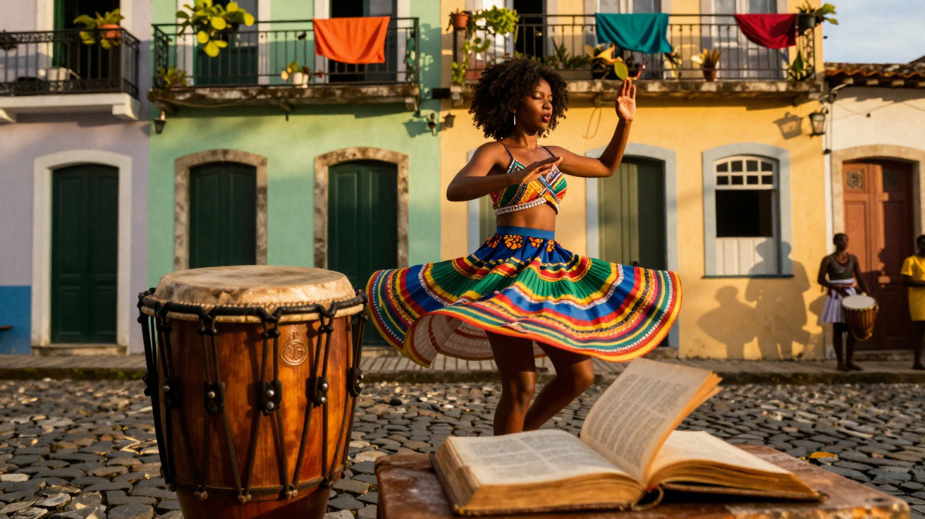 Mulher negra dança com saia colorida em rua de pedra, ao lado de tambor e livro aberto.
