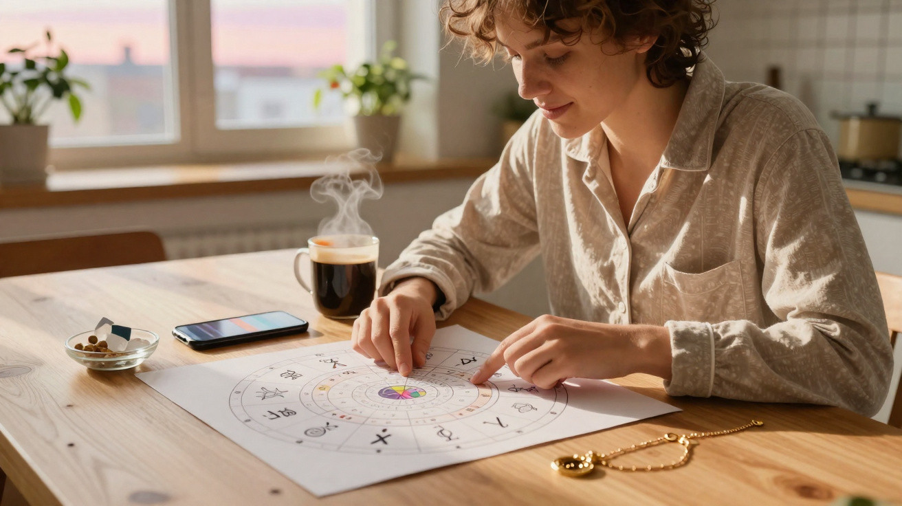 Pessoa analisando mapa astral em papel sobre mesa com xícara de café, pulseira dourada e celular perto.