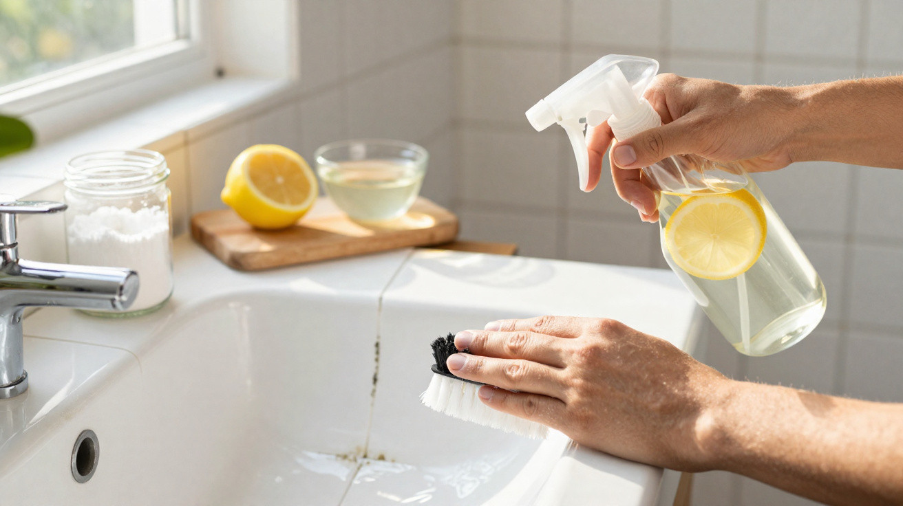 Mãos limpando vaso sanitário com escova e spray caseiro com limão, bicarbonato e vinagre.