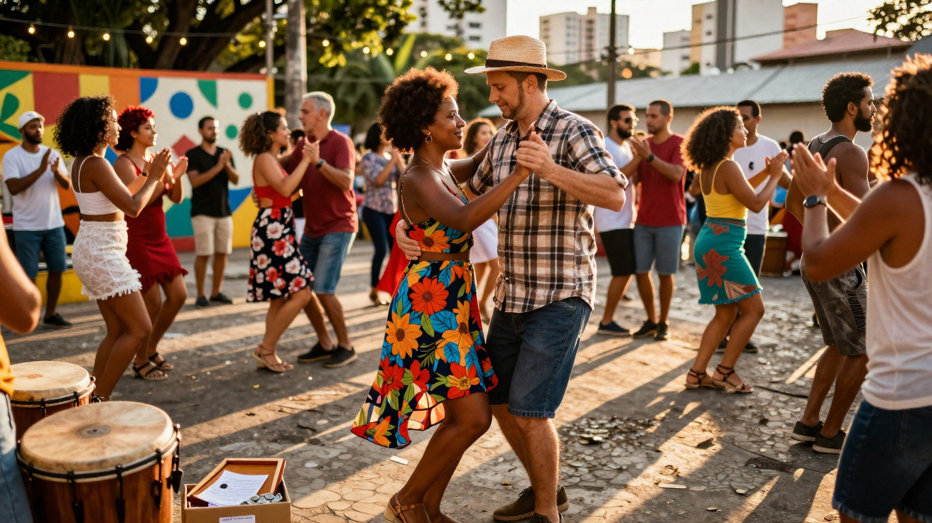 Casal dança ao ar livre em festa colorida com várias pessoas ao fundo em clima animado.
