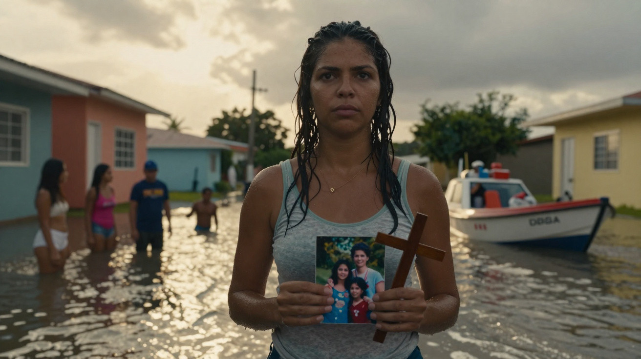 Mulher com cabelo molhado segura cruz e foto de família em rua alagada ao entardecer.