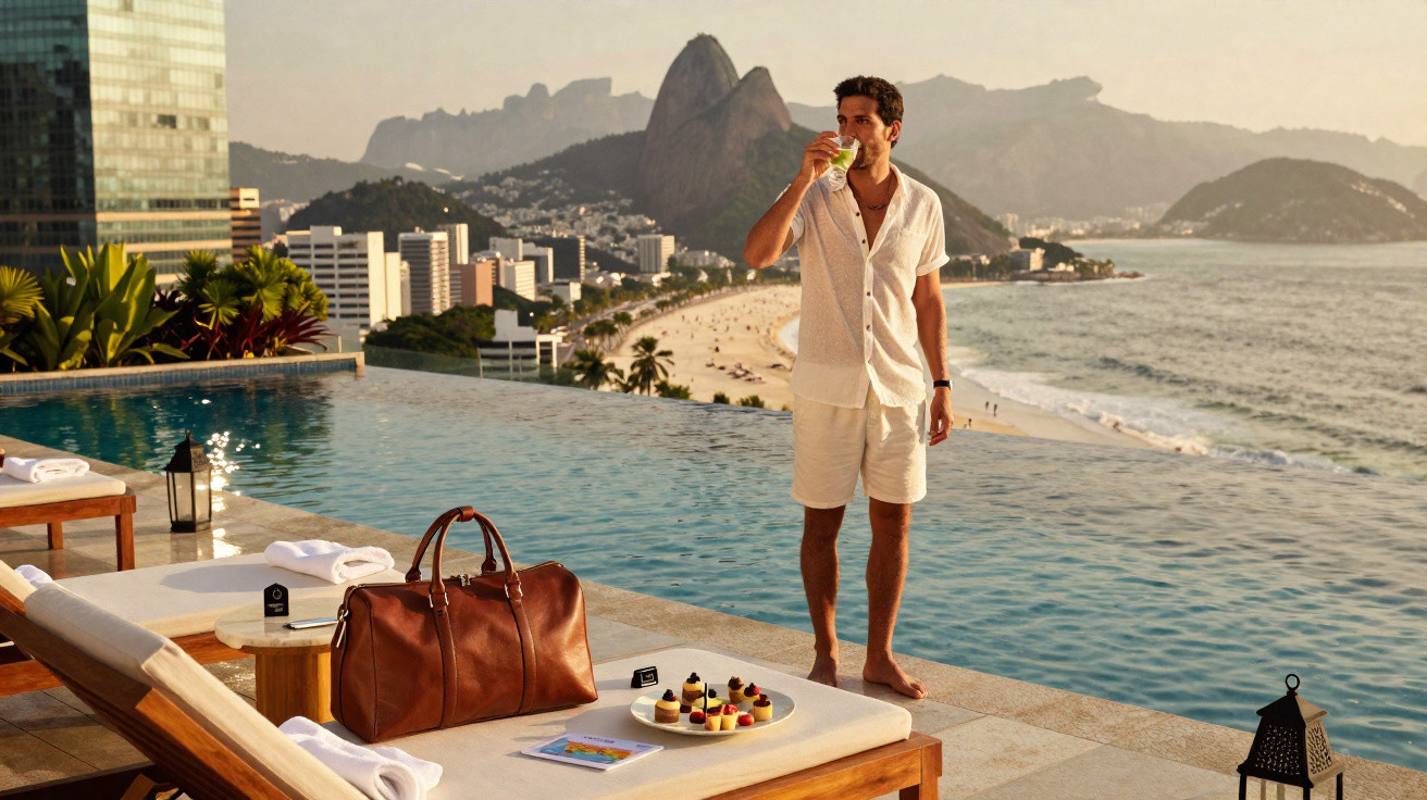 Homem de branco bebendo à beira de piscina com vista para praia e montanhas ao pôr do sol no Rio de Janeiro.