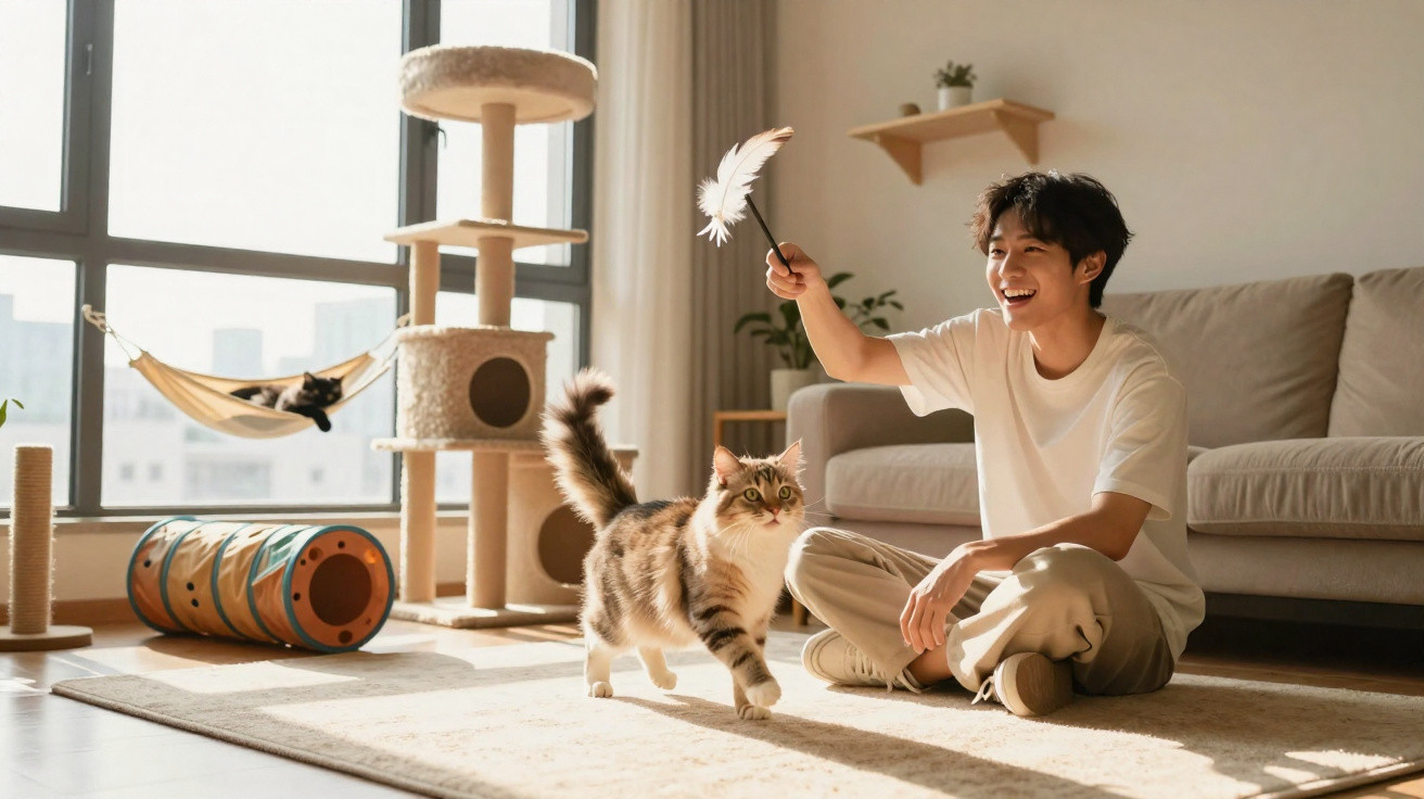Jovem sentado no chão brinca com gato, em sala iluminada com arranhador e rede para gato ao fundo.