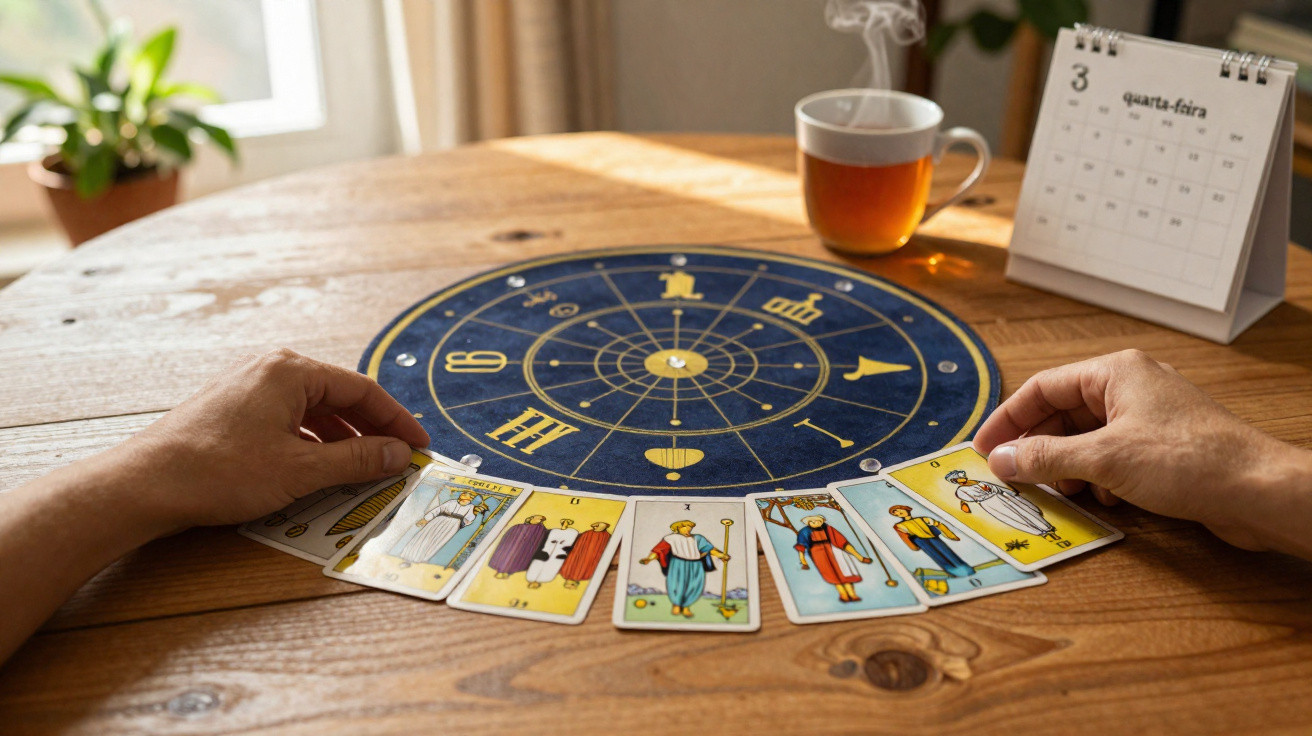 Mãos ajustando cartas de tarô sobre mesa com círculo zodiacal, calendário e xícara de chá fumegante ao fundo.