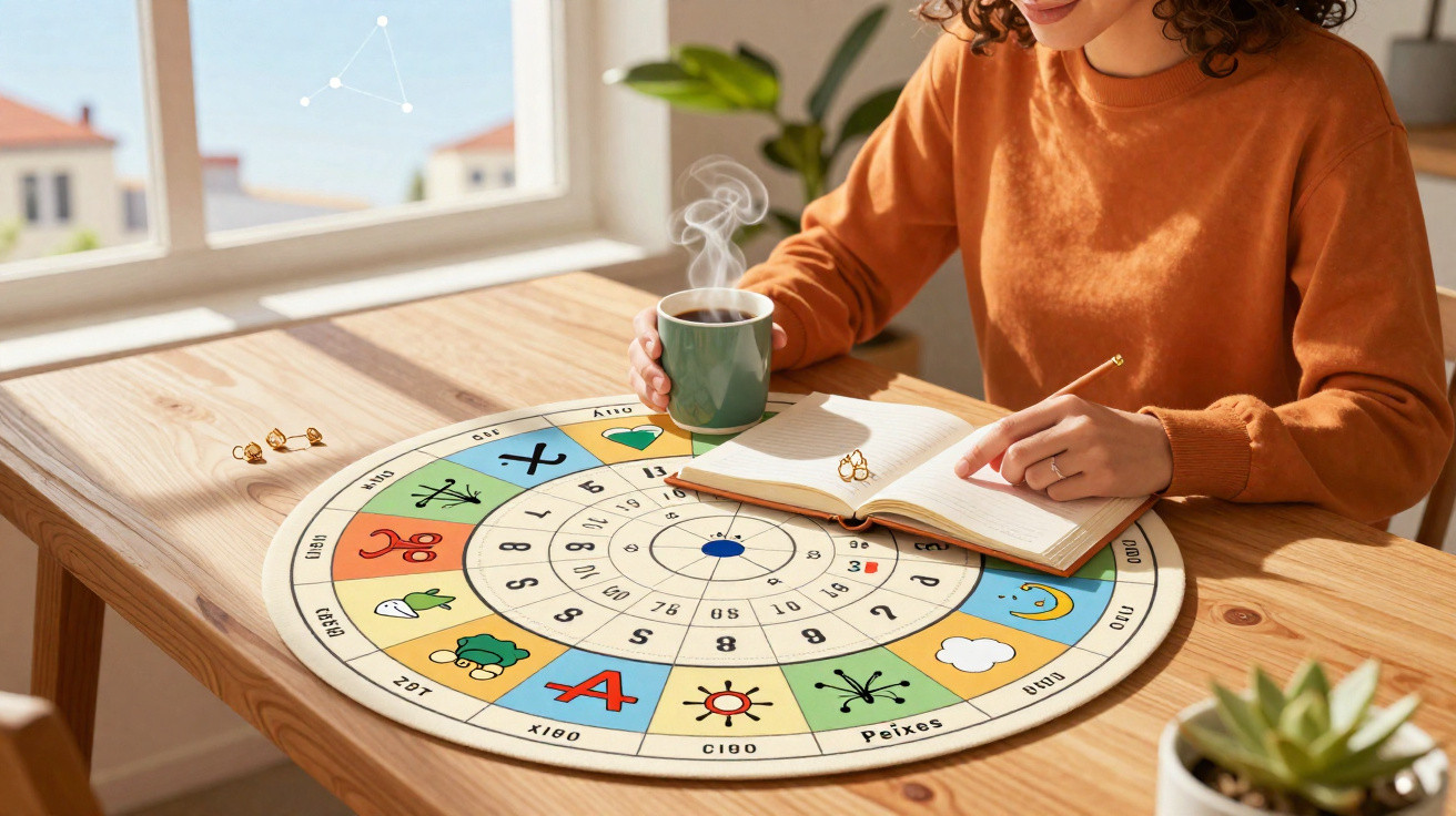 Pessoa segurando xícara de café e lendo caderno sobre mesa com roda dos signos do zodíaco.