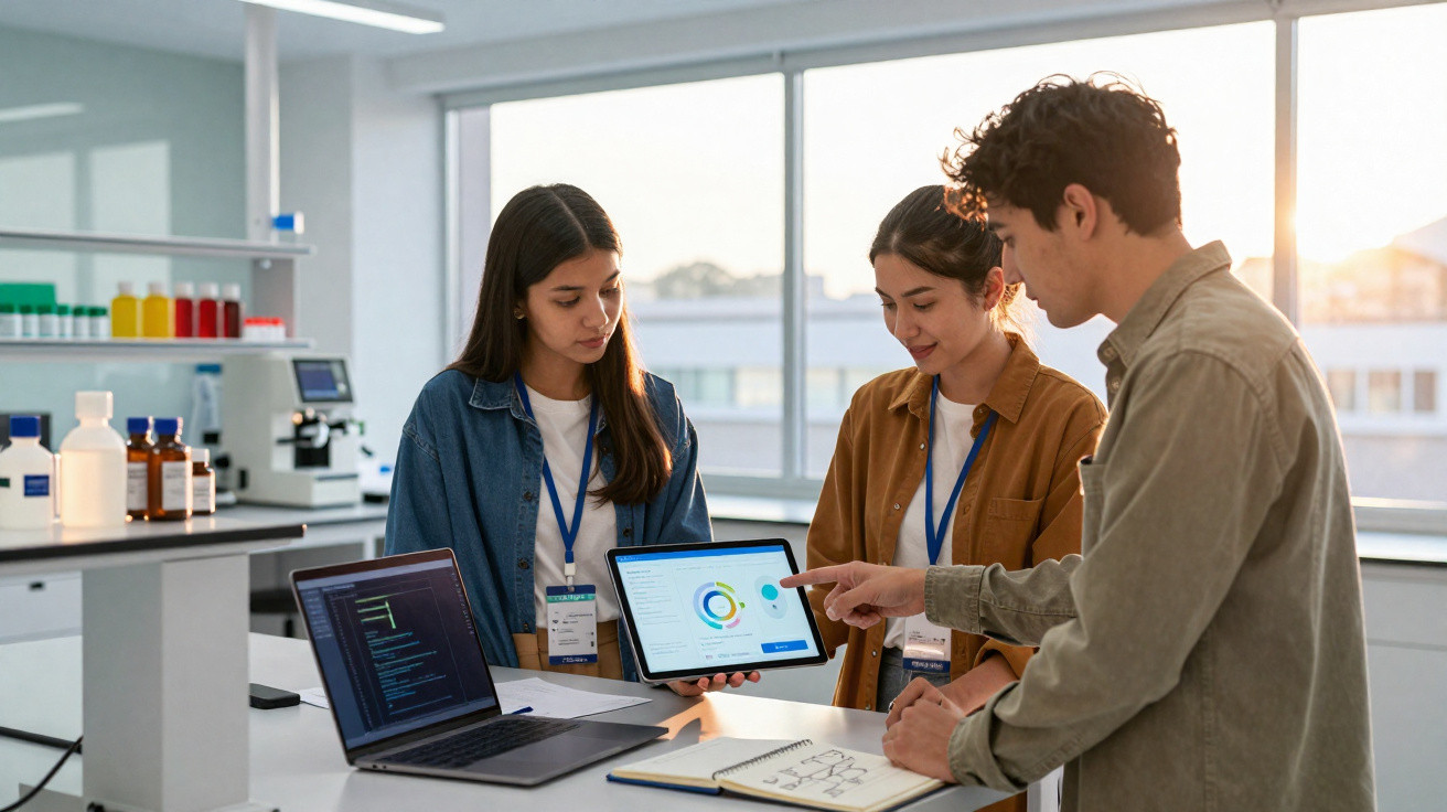 Três jovens em ambiente de trabalho analisando gráfico em tablet com notebook e caderno na mesa.