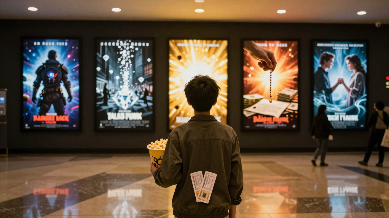 Criança segurando pipoca e ingressos, observando posters de filmes em um cinema com outras pessoas ao fundo.