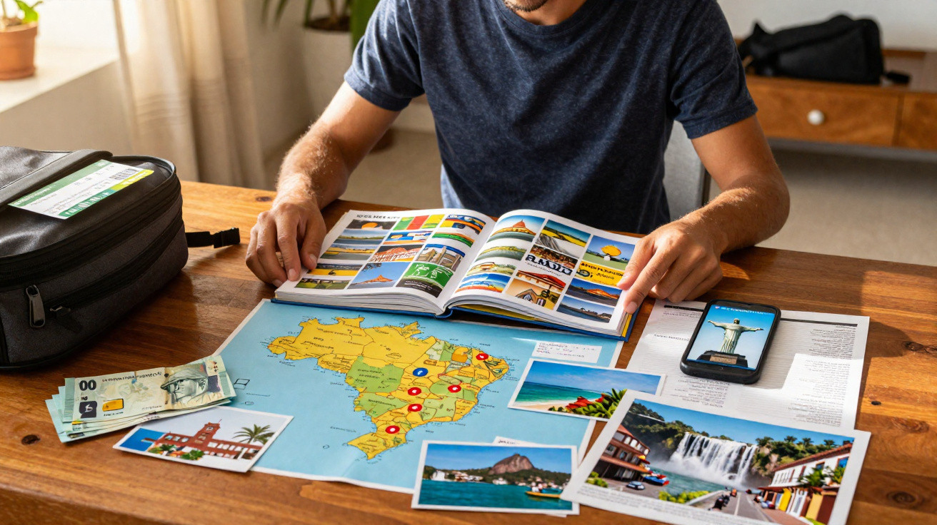 Pessoa planejando viagem pelo Brasil com mapa, fotos, dinheiro, guia e celular em mesa de madeira.