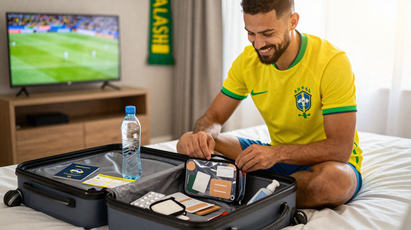 Homem com camisa da seleção brasileira organiza kit de primeiros socorros em mala aberta sobre cama.