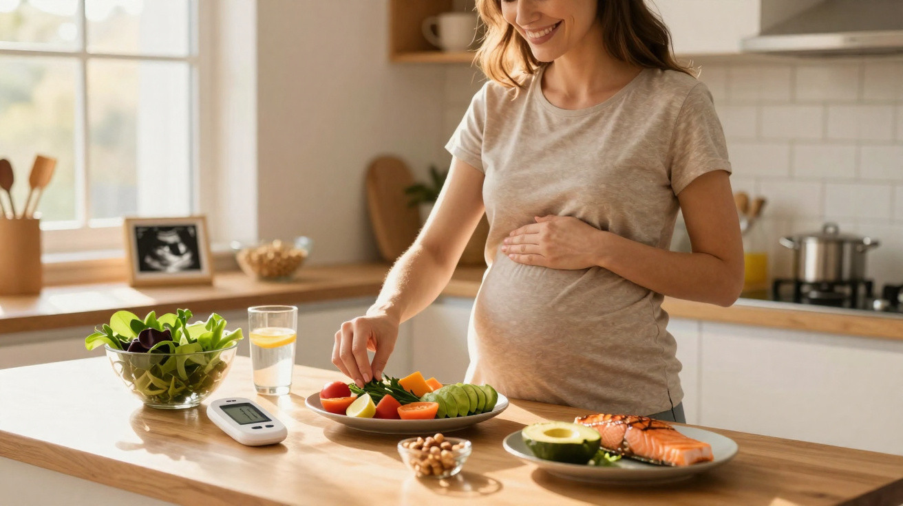 Mulher grávida sorrindo enquanto prepara salada saudável na cozinha iluminada.
