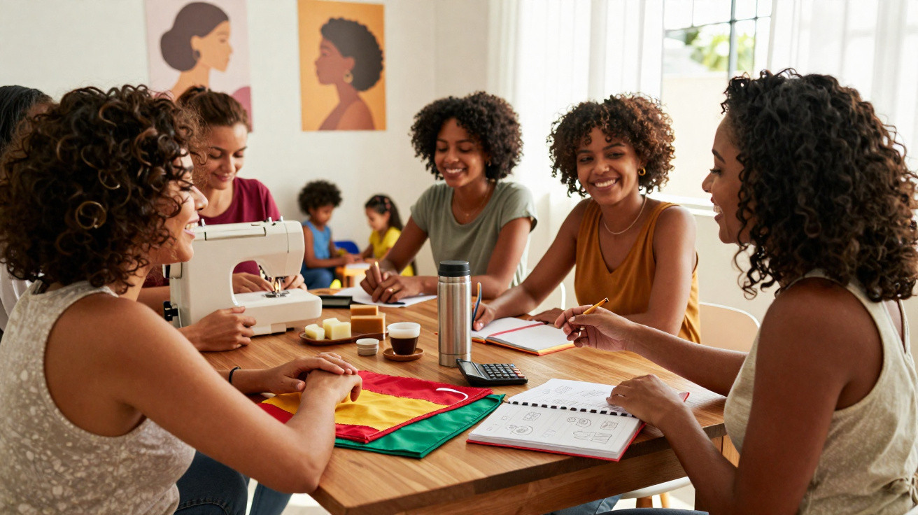 Mulheres reunidas em mesa trabalhando com máquina de costura, anotando e discutindo em ambiente iluminado.