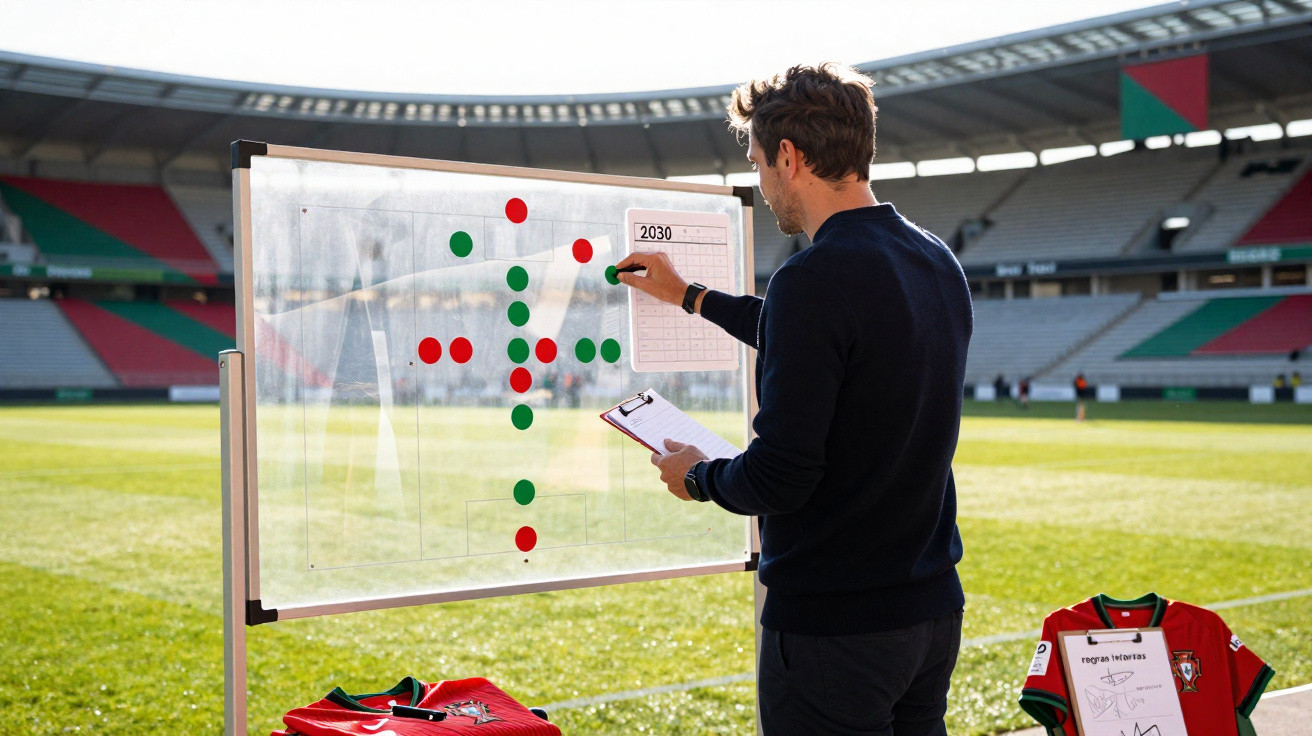 Treinador analisa tática de futebol em campo usando quadro transparente com peças magnéticas coloridas.