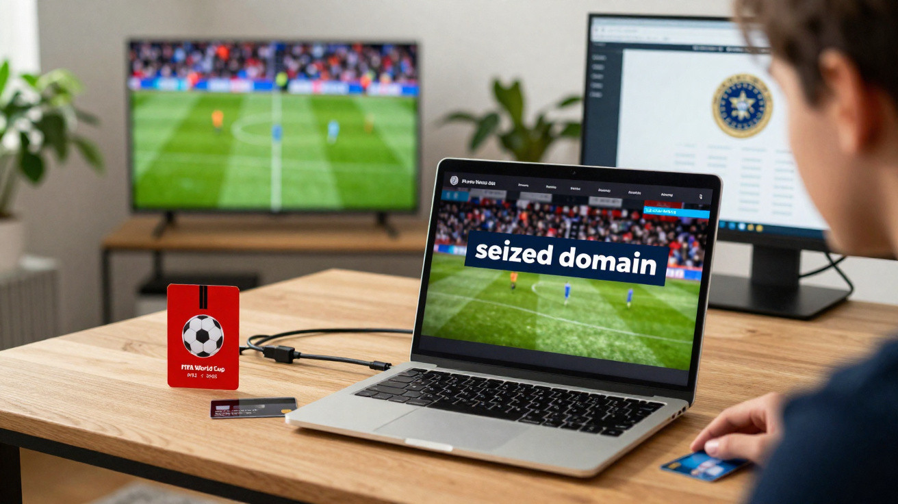 Pessoa em mesa com notebook exibindo mensagem seized domain e televisão com jogo de futebol ao fundo.
