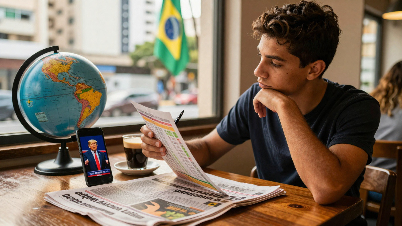 Jovem lendo jornal e segurando gráfico em mesa com globo, celular e café, com bandeira do Brasil ao fundo.