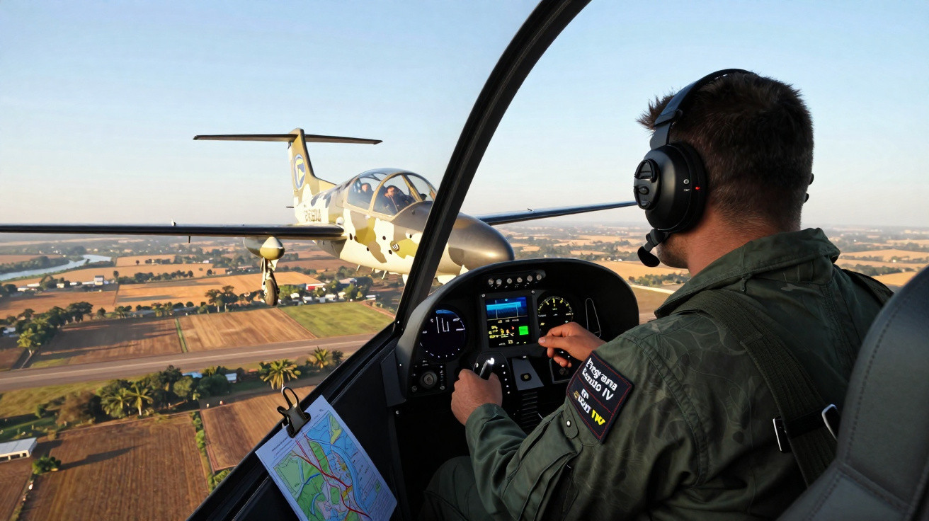 Piloto militar em voo, com aeronave camuflada voando ao lado sobre campo agrícola.