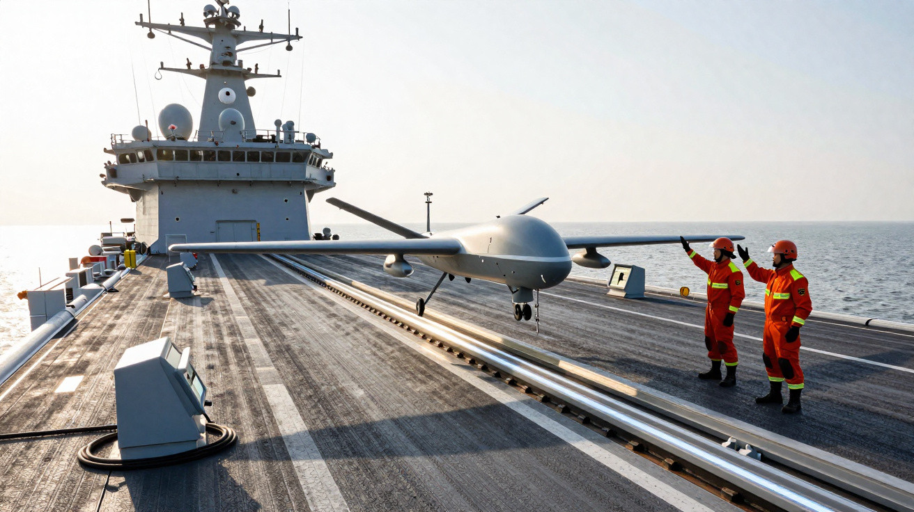 Drones militares pousando em porta-aviões com dois tripulantes em uniformes laranjas sinalizando no convés.