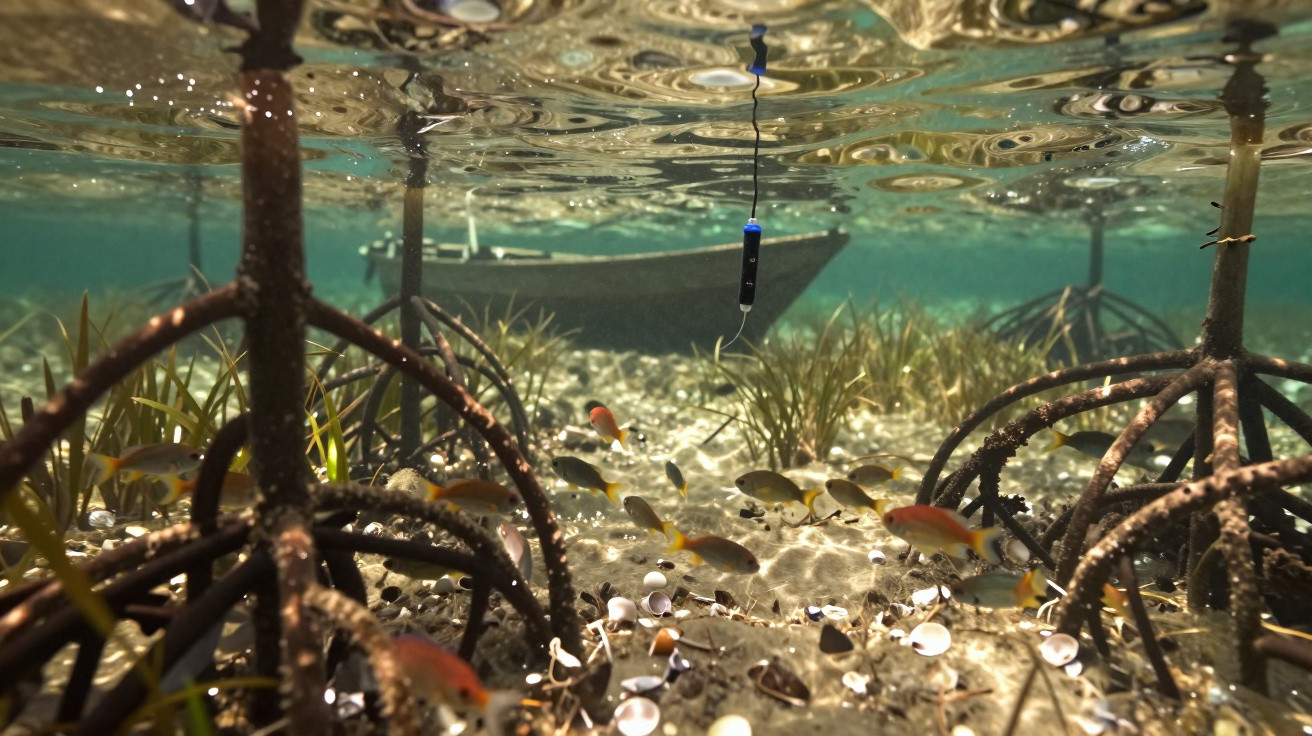 Ambiente subaquático com raízes de mangue, peixes nadando e uma pequena embarcação na superfície da água.
