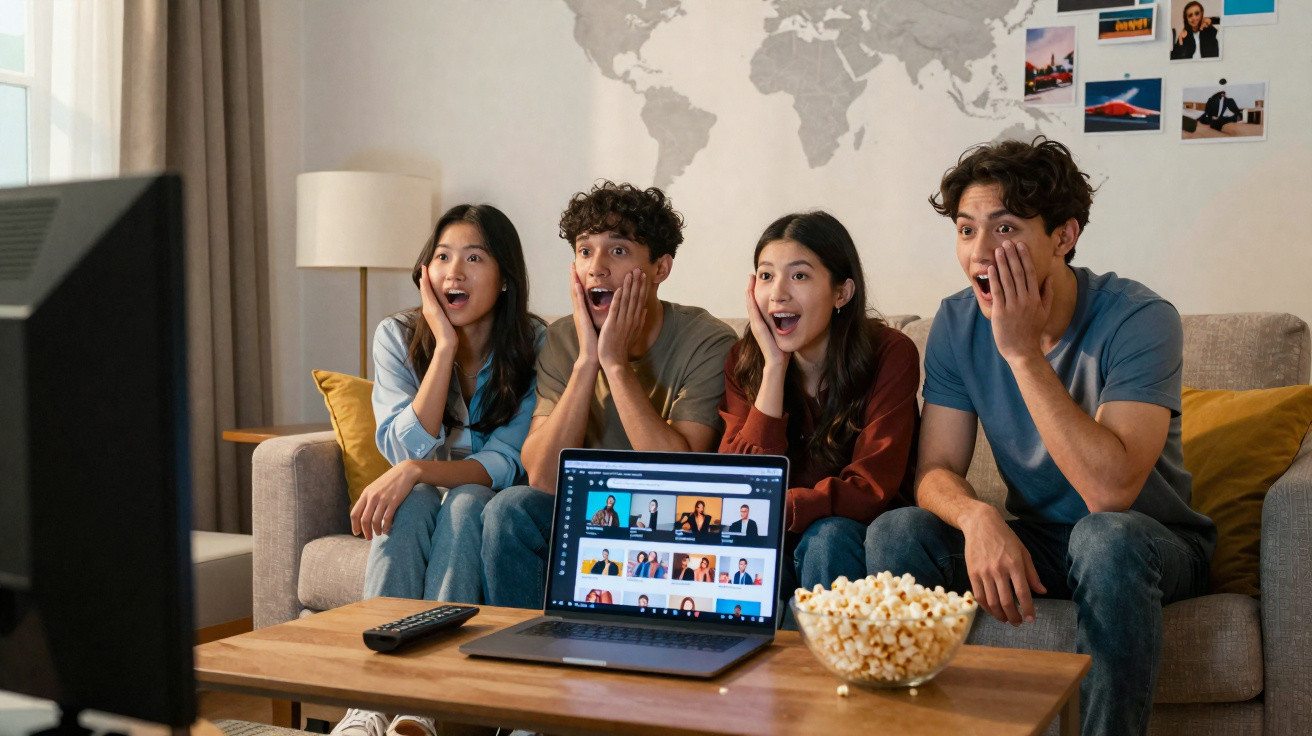 Quatro jovens sentados no sofá assistindo TV com expressão surpresa e tigela de pipoca na mesa de centro.