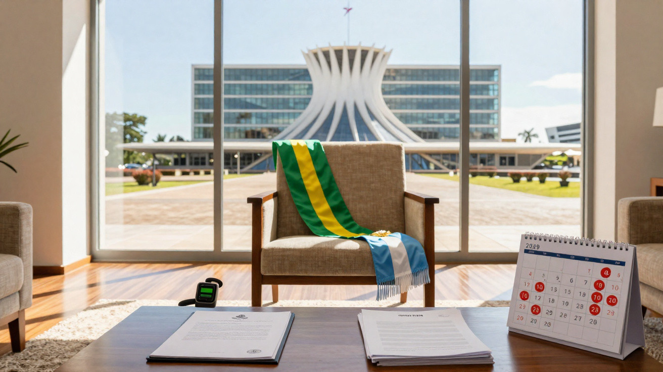 Sala com poltrona e faixas do Brasil e de Minas Gerais, documentos sobre mesa e vista do Congresso Nacional ao fundo.