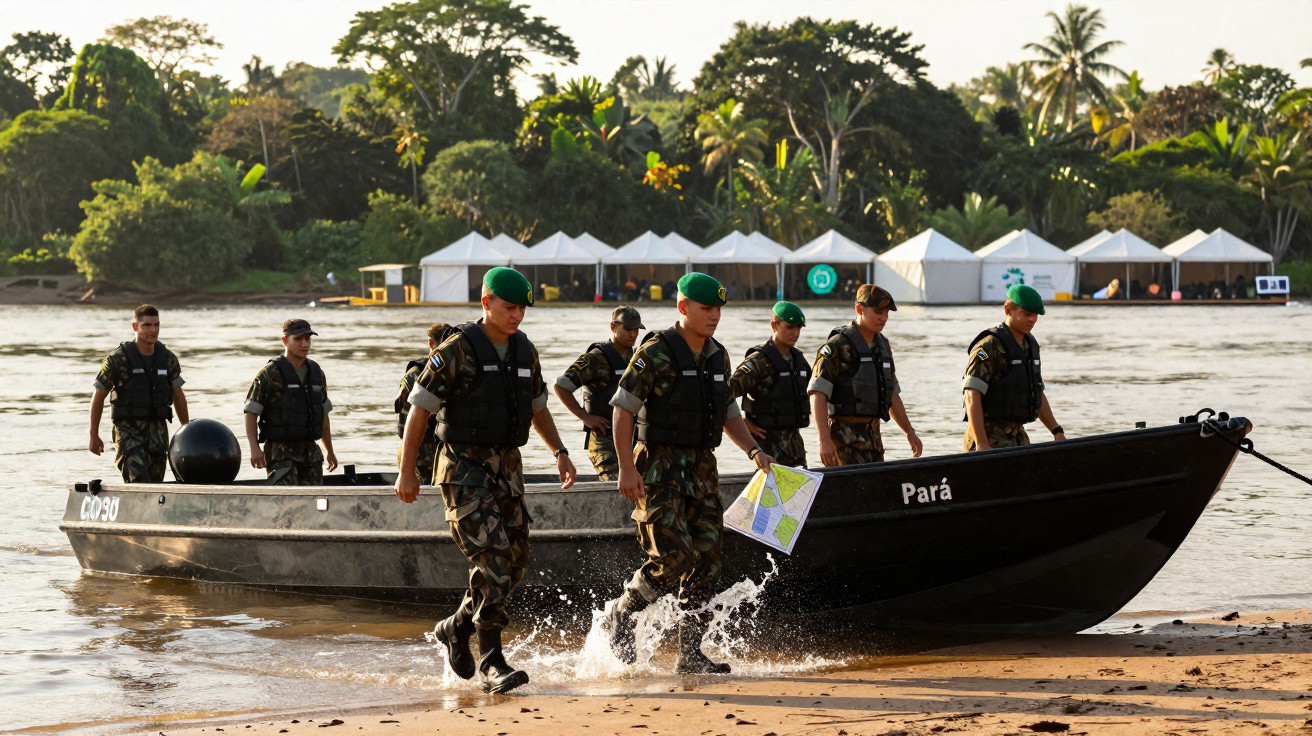 Soldados em uniforme e colete saem de barco preto na margem do rio com tendas brancas ao fundo.