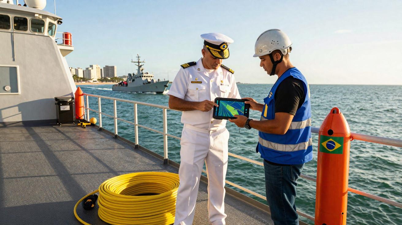 Dois homens, um oficial naval e um engenheiro, checando tablet a bordo de navio com mar ao fundo.