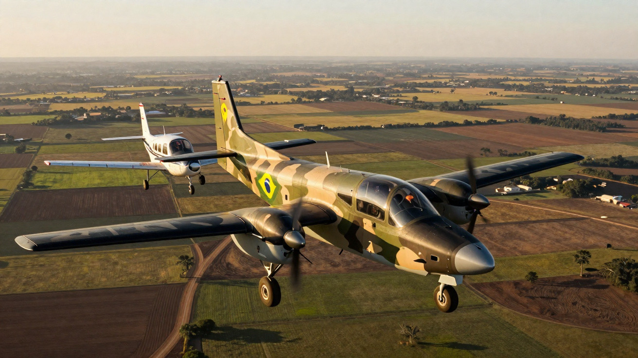 Dois aviões voando sobre campos agrícolas, um com pintura camuflada e símbolo do Brasil na fuselagem.