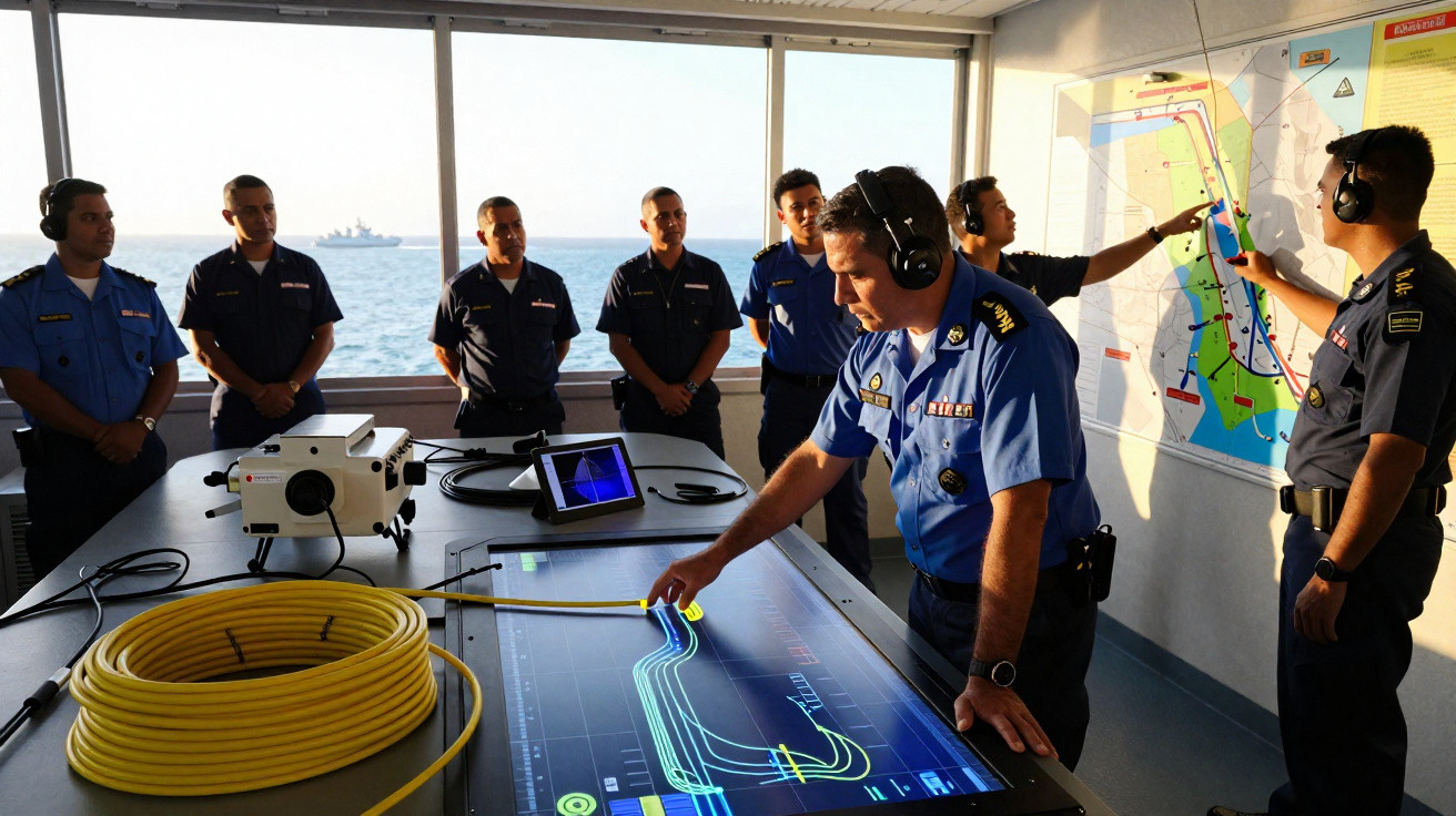 Marinheiros em uniforme azul operam equipamentos de navegação e analisam mapa dentro de navio com vista para o mar.
