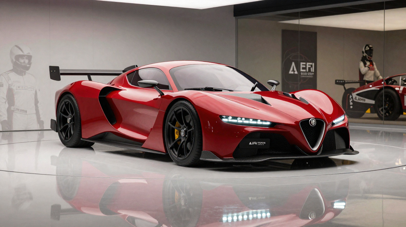 Carro esportivo vermelho Alfa Romeo com design aerodinâmico em exposição interna moderna.