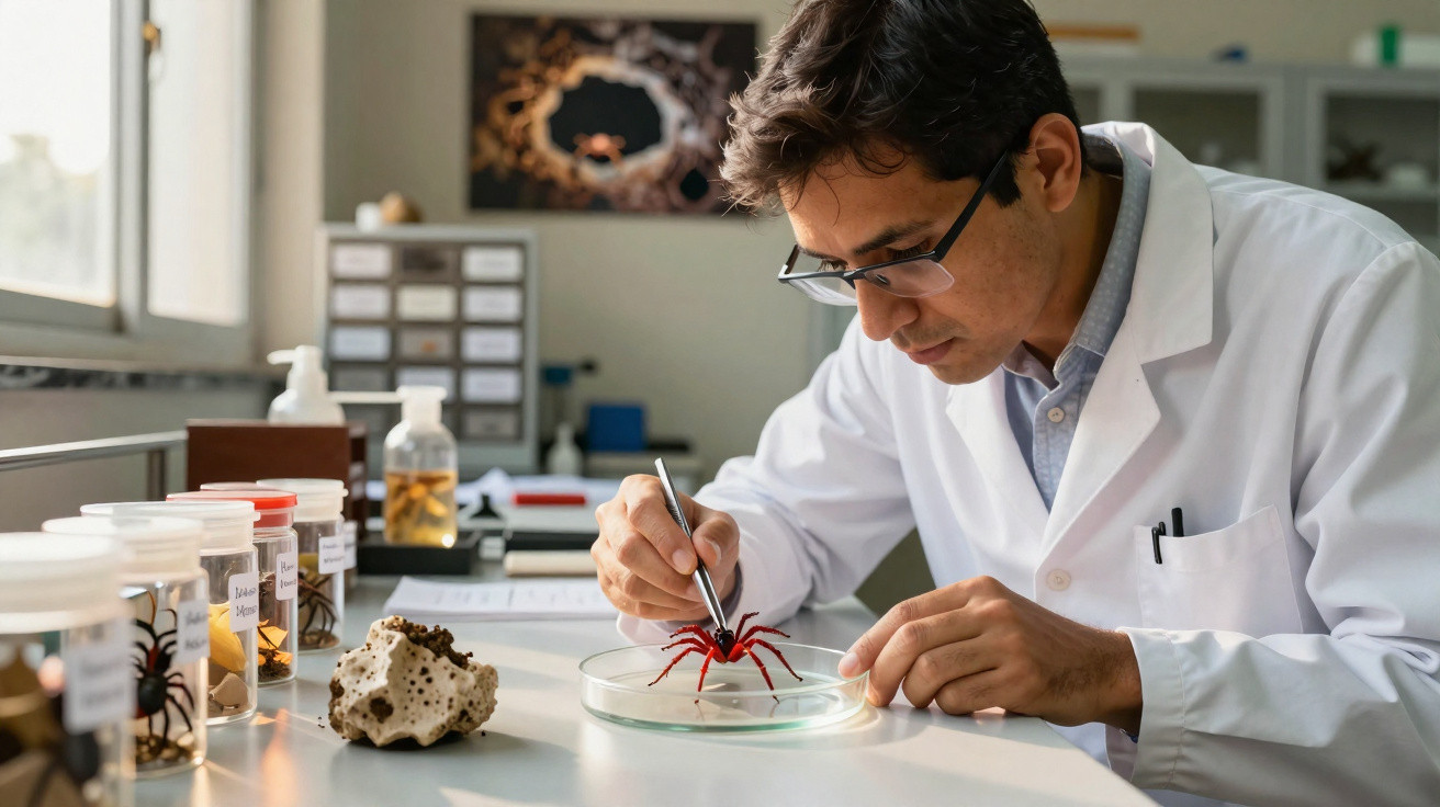 Cientista examinando uma aranha vermelha em lâmina de vidro dentro de laboratório.